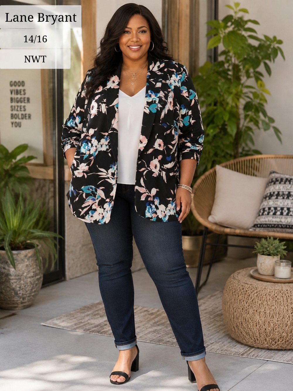 Lane Bryant Black Floral Open-Front Blazer with Pink & Blue Flowers - 14/16